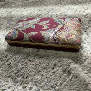 Vintage Burgundy Maroon Floral Compact Velvet Lined Jewelry/Trinket Box w Mirror